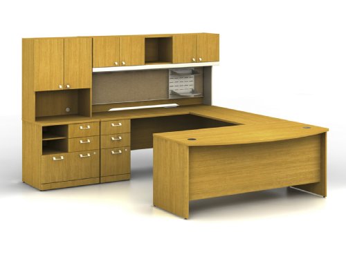 Bush Business Furniture Quantum Executive Configuration, Overall 9-Foot by 8-Foot 6-Inch, Left Credenza, Modern Cherry Finish