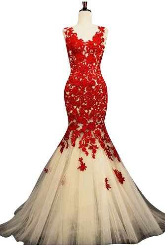 Sunvary Red and Champagne Mermaid Lace Prom Pageant Dresses for Christmas