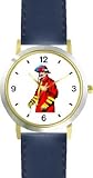IMAGE OF Fireman in Red & Yellow Suit - WATCHBUDDY® DELUXE TWO-TONE THEME WATCH - Arabic Numbers - Blue Leather Strap-Size-Children's Size-Small ( Boy's Size & Girl's Size )