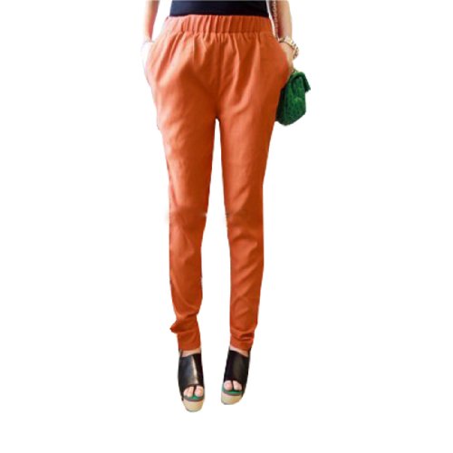 Allegra K Ladies Fake Hip Pockets Elasitc Waist Autumn Pants Orange S