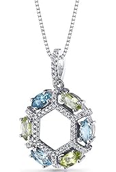 Swiss Blue Topaz and Peridot Hexagon Pendant Necklace Sterling Silver 1.5 Carats