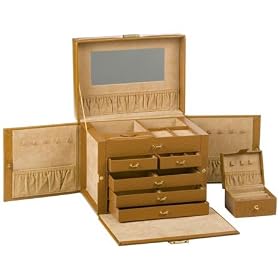 Tan Leather Jewelry Box Organizer w/ Travel Case