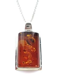 High Quality Honey Amber Sterling Silver Large Rectangular Pendant Rolo Chain 18 Inches