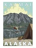 Bush Plane & Fishing, Katmai, Alaska Stretched Canvas Poster Print, 24x32
