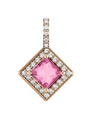 10K Rose Gold 5.00x5.00mm Princess Cut Pink Sapphire and Diamond Pendant
