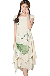 Vintage Linen Cap Sleeves Floral Print  Dress