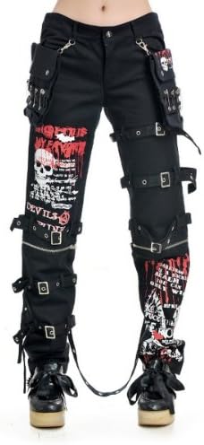 Blooms Punk Rock Women Skull Zippier Rivets Pants (Small, Black)
