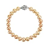Peach Pink 6-7mm AAA Cultured Pearl Bracelet w. Platinum Overlay CAREFREE Sterling Silver Rose Clasp 7" (LS1R2)