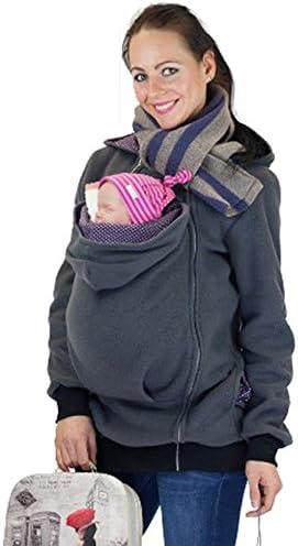 Baby Carrier Jacket Kangaroo Women Fleece Hoodie 3 In 1 Pregnant Zip Outwear (US XL, Gray)