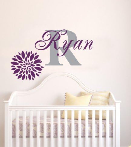Girl Nursery Name Flower Wall Decal - Baby Girl Monogram Name Decal - Dahlia Flower Decal