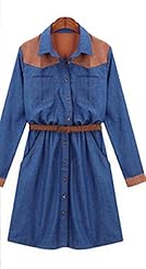 Denim Colorblocking Above the Knee  Shirt Mini Dress 