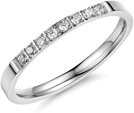 FR 2MM Ladies 316L Stainless Steel Silver Color Eternity Cubic Zirconia Wedding Rings,Size 5