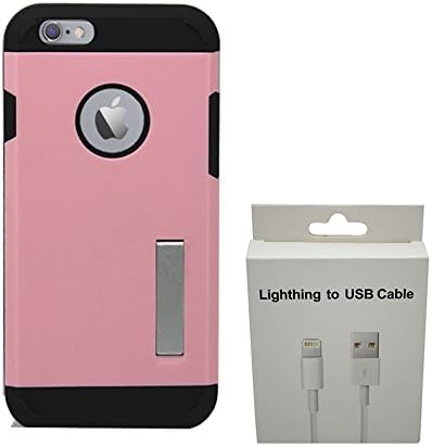 iPhone 6 Charging Cord - AND iPhone 6 Dual Layer Case - 2 piece Protective Rubber Case - Fits iPhone 6 (4.7" Screen) - Includes OEM Lightening USB Charge &amp; Sync Cable [BUNDLE, 2 pieces] (Dual Layer Pink)