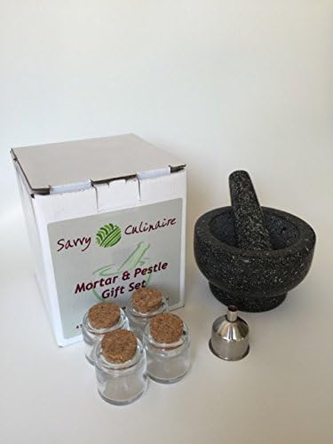 Mortar And Pestle With Four Spice Jars and Funnel Gift Set (Black Granite)