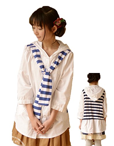 ナナコレクション Nana_Collection 2015 秋 シャツ ブラウス パーカー フード 付き 七分袖 白 レディース 重ね着風 ボーダー マリ...