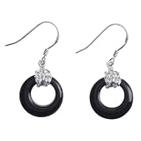 EXP Sterling Silver Black Agate Circle Earrings with Butterfly Detail