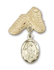 14K Gold Baby Badge with Guardian Angel Charm and Baby Boots Pin