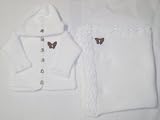 Knitted on Hand Knitting Machine White Chenille Finished By Hand Crochet Infant Boys and Girls Cardigan Hat Set Trimmed with Black Velvet Rhinestone Butterfly and Matching Large 32 Inch By 46 Inch Blanket