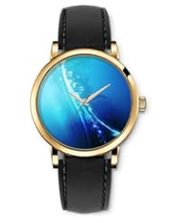 SPRAWL Aanalog Fashion Series Gold Ladies Watches of Genuine Black Leather Strap,Unique Wrist Watch for Women Girls Designed with Bubbles on blue background