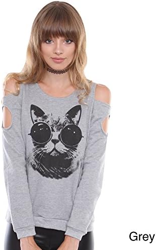 Junior's Sunglass Cat Graphic Terry Sweater T0111,GREY,L