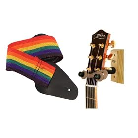 String Swing Wood Guitar Wall Hanger, OAK with Bonus Guitar Strap, RAINBOW by 