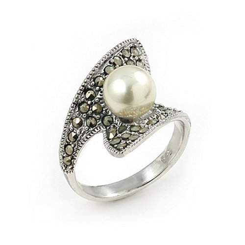Pave Set Round Marcasite And Pearl Ring