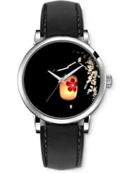 SPRAWL Aanalog Fashion Series Silver Ladies Watches of Genuine Black Leather Strap,Unique Wrist Watch for Women Girls Designed with Chinese lamp hanging on the tree