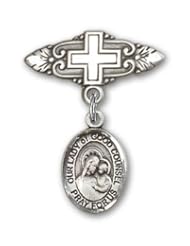 Sterling Silver Baby Badge with Our Lady of Good Counsel Charm and Badge Pin with Cross