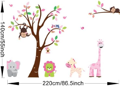 Cute Zoo Animal Wall Sticker with Monkey Playing on Tree Branch with Zebra,lion,elephant Giraffe and Owl Nursery Wall Decal