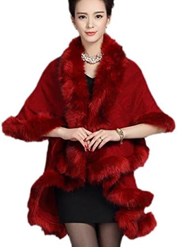 Women's Faux Fox Fur Double Layers Floral Shawl Cloak Coat Wine Red