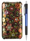 Spot Diamond Rhinestone Green Daisy Flower on Black Premium Design Snap-on Protector Hard Cover Case for Apple iPhone 3G, 3GS 3G-S (AT&T) + Bonus 1 of New Rubber Grip Translucent Ball Point Pen