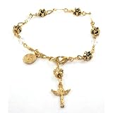 Gorgeous 24k Yellow Gold Layered Rosary Flower Bracelet with Genuine CZ Ice Crystals Antiqued...