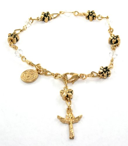 Beautiful 24k yellow gold plated bracelet with real ice crystal accents and antiqued Rosanne CZ Crucifix and the Virgin Mary ~ It comes in a beautiful velvet gift box (Rose13)