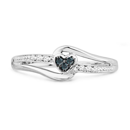 Platinum Plated Sterling Silver Blue And White Round Diamond Heart Ring (0.07 cttw)