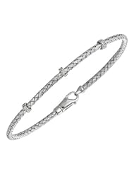 Silver Rhodium Plated Polish 7.25" 2.75mm Basketweave Bangle With .01Ct Diamond Ring And Fancy Lobster Clasp