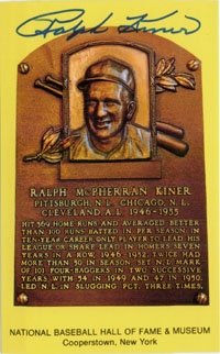 Kiner, Ralph Autographed/Hand Signed Hall of Fame Plaque Post Card