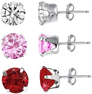 Small 3 Pairs of Pink, White and Ruby Red CZ 925 Sterling Silver Stud Earrings. 4mm Small Round Studs