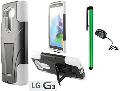 LG G3 Premium T-Stand / Side-Stand Hybrid Holster Design Protector Hard Cover Case (For 2014 LG New Flagship Android Phone) + Travel (Wall) Charger + 1 of New Assorted Color Metal Stylus Touch Screen Pen (WHITE / BLACK)