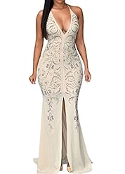 Sexy V-neck Jeweled Backless Slit Floor Length Evening Dress/Prom Dress/Wedding Party Dress/Maxi Dress 