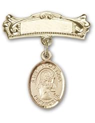 14kt Gold Baby Badge with St. Apollonia Charm and Arched Polished Badge Pin. Catholic Saint Apollonia Patron Saint of Dentists, Tooth Ache, Teeth, Tooth & Gum Disease