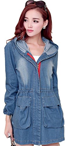 デニム生地 パーカー付き 赤いジッパーがキュート ウエストゴムでワンピース感覚 大きなポケットが二つもついて便利 手首も絞ってある キュートでカジュアル 秋物 冬物 ABC020