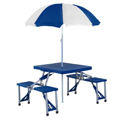 Blue Folding Picnic Table with Umbrella