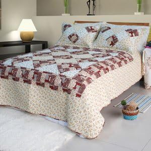 [Can't Miss] Cotton 3PC Floral Vermicelli-Quilted Patchwork Quilt Set (Full/Queen Size)