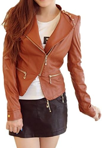 ShanMou Women's Body Fit Short Casual PU Leather Jackets 8006(Brown,Small)