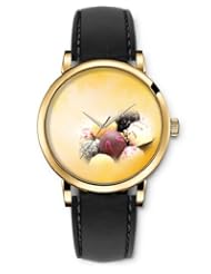 SPRAWL Aanalog Fashion Series Gold Ladies Watches of Genuine Black Leather Strap,Unique Wrist Watch for Women Girls Designed with Chocolate on yellow background