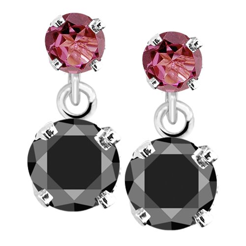 14k White Gold Pink Tourmaline & Black Diamond Drop Dangle Earrings (1/2 cttw)