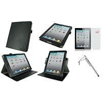 rooCASE 3n1 Dual-Axis Leather Folio Case cover / Anti-Glare Screen Protector / Capacitive Stylus for 4th Generation iPad with Retina Display / the new iPad 3rd / Apple iPad 2