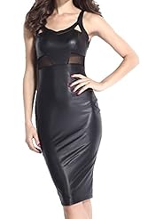 Faux-Leather/Polyester/Spandex Checkered Print Sleeveless Spring Summer Winter Mesh Bodycon Dress 