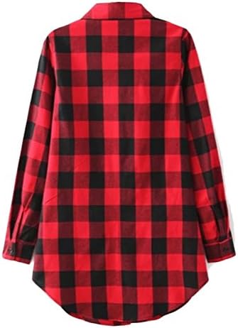 QueenFee Women's Mid-Long Style Roll-Up Sleeve Plaid Flannel Shirt X-Large, Red