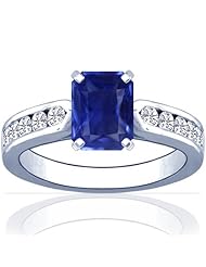 18K White Gold Emerald Cut Blue Sapphire Ring With Sidestones